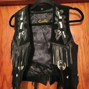 Scully Black Leather Fringe Vest- Beaded with Conchos